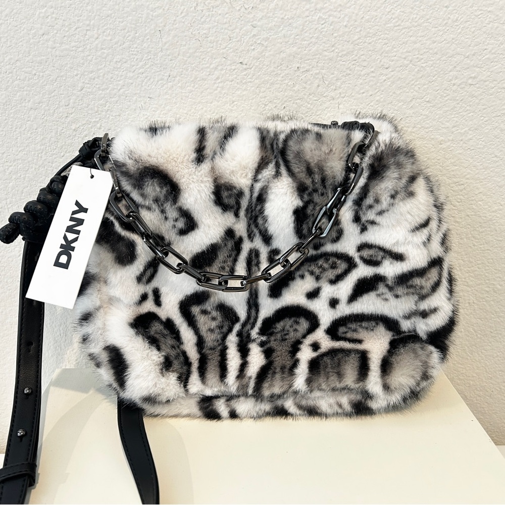 DKNY Halle Small Drawstring faux-fur leopard print Crossbody Bag, New with Tag